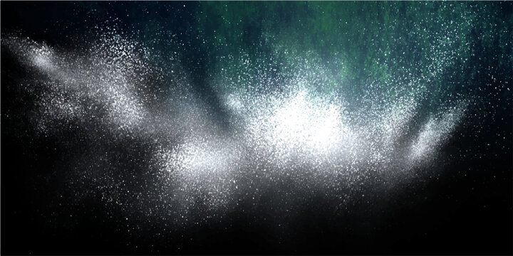 White powder explosion with green background smoke, abstract powder cloud with dark background in dark blue and green tone.