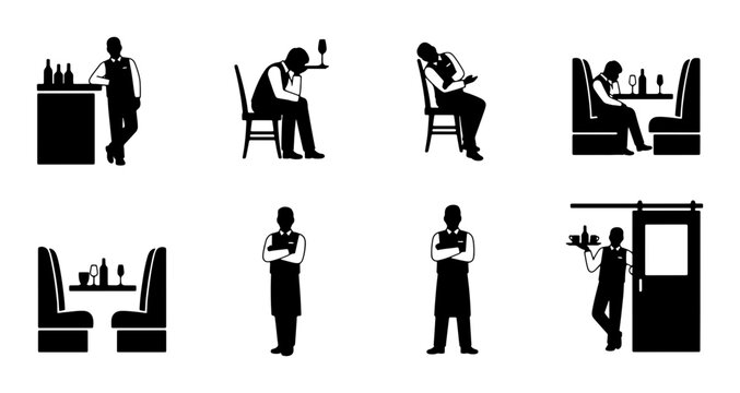 Bartender and Bar Scenes Vector Icons: Service, Downtime, and Restaurant Booths, 8 Elements
