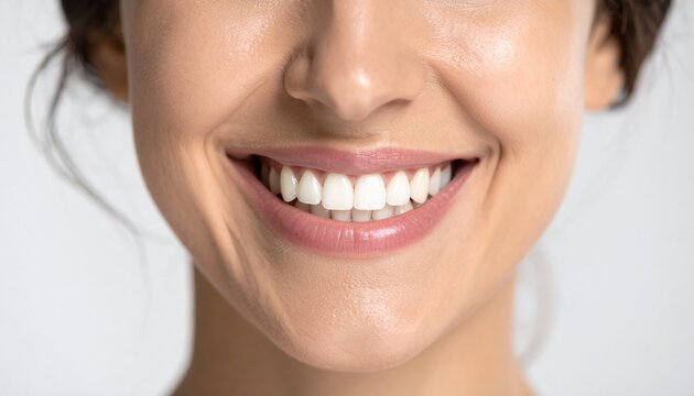 Close-up shot of a woman's beautiful white smile with perfect teeth and lips, conveying happiness and health