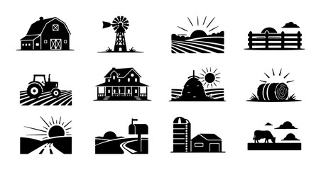 Farm Icons Set, Rural Landscape Elements, Agricultural Building Silhouettes, Countryside Scenes, Vector Graphics for Farming and Country Life © MdShakil