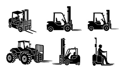 Forklift Icons Set, Industrial Vehicle Silhouettes, Warehouse Equipment Vector Graphics, Heavy Machinery Collection © Jannatul