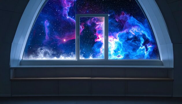 Vibrant cosmic nebula seen through a large arched window with a melting glass pane and drifting space dust, cinematic horizontal banner