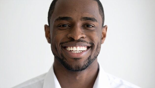 Portrait of a smiling African American man looking directly at the camera with a bright, friendly expression