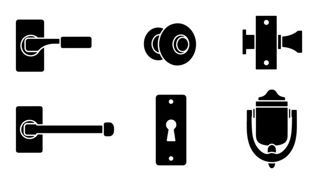 Door Hardware Icons Set: Lever Handles, Knobs, Keyhole Plates, Door Knocker, Vector Collection for Architectural Design and Renovation Projects