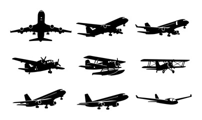 Diverse Aircraft Silhouettes Collection, Vintage Biplanes to Modern Jets, Aviation Icons for Transport and Travel Graphics © Rabiul
