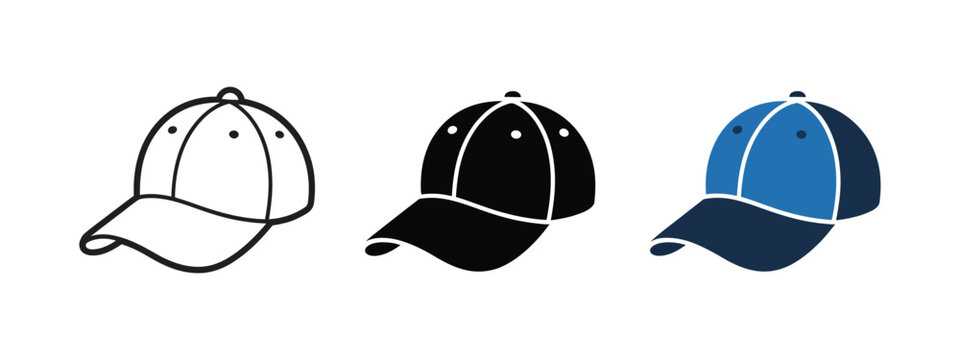Baseball Cap Icon Set Front Angled View with Outline and Solid Versions, Apparel Icons, Fashion Accessory Symbol, Tech Icons for Clothing, Retail and Lifestyle Industry. Professional vector icon pack 