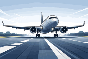 Naklejka premium A commercial airplane is captured in a dynamic illustration as it prepares for takeoff on a runway, with its landing gear deployed and engines roaring.