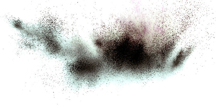 Abstract particle explosion with dark grey and black particles dispersing on a white background, creating a dynamic and energetic visual effect.