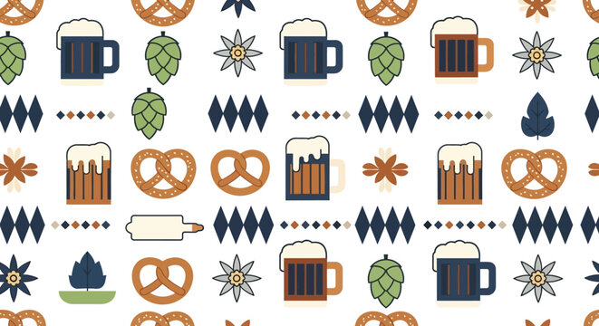 Oktoberfest Pattern Festive Beer Mugs, Pretzels, and Hops for a Bavarian Celebration