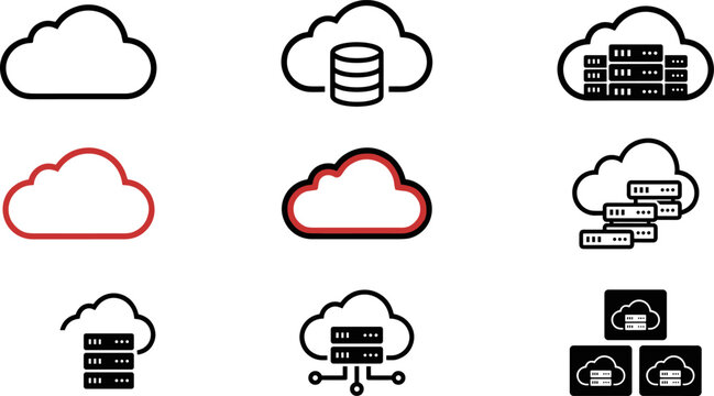 Modern collection of nine cloud computing icons featuring storage, networking, and server designs in abstract technology illustration style