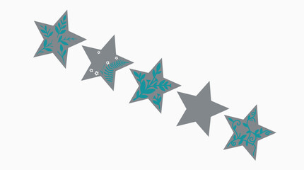 Obraz premium Decorative graphic showing three out of five stars, featuring an elegant teal floral pattern, ideal for rating, review, and feedback systems.