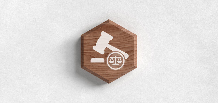 3D render of a wooden hexagon icon featuring a gavel and scales of justice symbol, representing law, legal authority, and judicial concepts on a clean, white textured background.