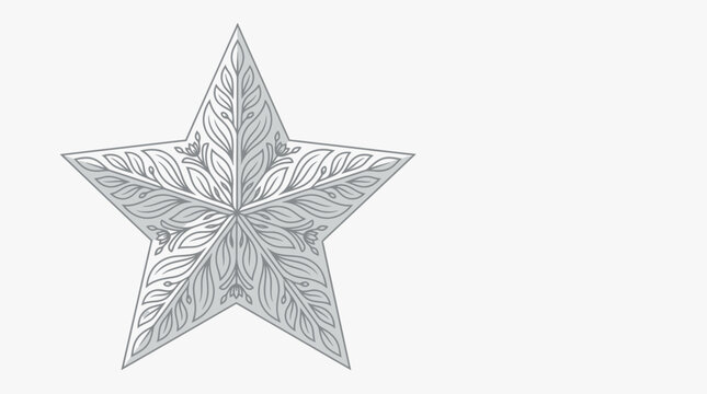 Intricate floral star illustration. Detailed ornamental five-pointed star with delicate leaf patterns. Elegant black and white line art design element.
