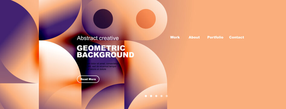 Abstract geometric background design. Website header with text, navigation, circular shapes, gradient colors. Modern, vibrant aesthetic.