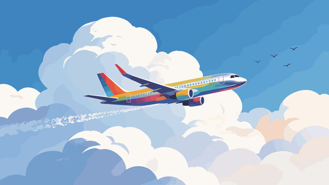 A vibrant airplane with a rainbow-colored fuselage soars through a bright blue sky filled with fluffy white clouds, with a few distant birds flying in formation.