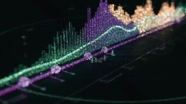 3D render of glowing particles forming an abstract data waveform and chart lines on a dark background. Futuristic finance and analytics visualization for technology concepts.