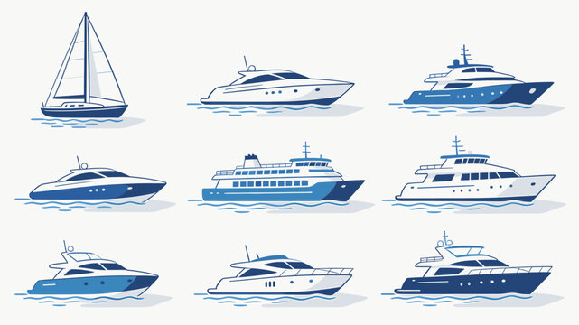 A collection of nine different types of boats and yachts, including a sailboat, motor yachts, and a ferry, depicted in a clean, illustrative style with blue and white color accents.