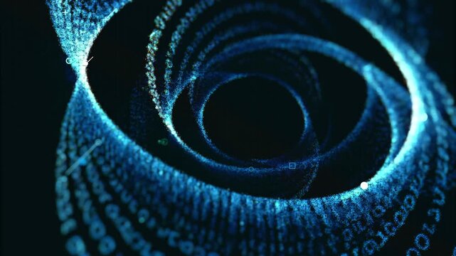 Looping 3D render of glowing particles forming swirling rings and a vortex on a dark background. Futuristic data flow and technology concept animation.