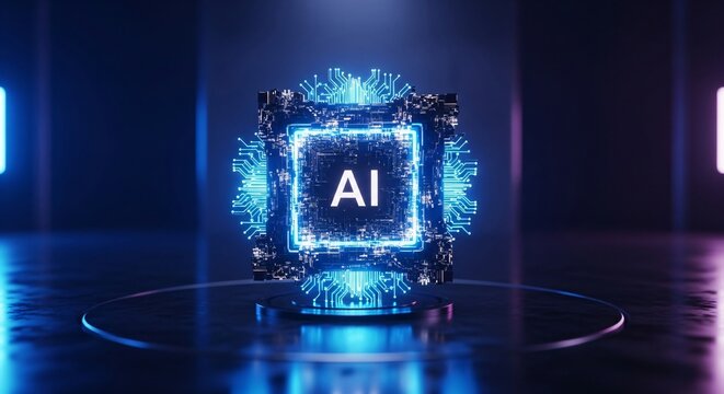 Illuminated ai cube in futuristic setting