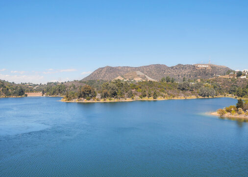 Panorama of the Hollywood Reservoir with the famous Hollywood sign in the background in Los Angeles, California, USA	