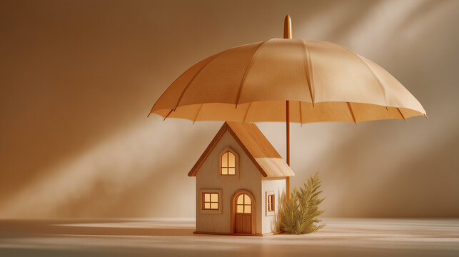 Home Insurance Security: A cozy, illuminated house is protected under a large golden umbrella, symbolizing safety and security, accompanied by a small pine tree, casting soft shadows in a warm.