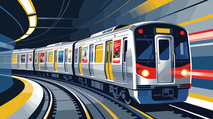 A modern silver and yellow subway train speeding through a dark tunnel on its tracks. © umah