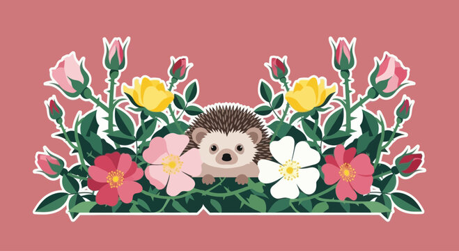 Cute hedgehog peeking from colorful flowers and rose bushes, vector illustration graphic element