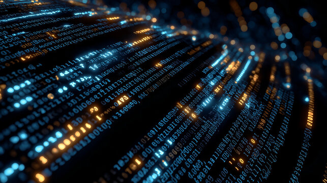 Digital Stream of Information: A mesmerizing abstract visualization of data flowing, with glowing blue and orange particles representing bits of information in a futuristic digital stream.