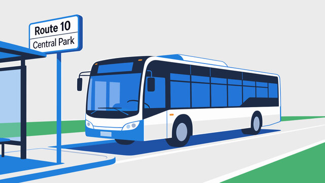 A modern white and blue bus stopped at a bus stop with a 'Route 10 Central Park' sign, depicted in a flat illustration style.