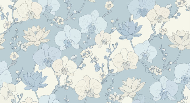 An elegant seamless pattern depicting exotic orchids, lotus flowers, and twisting plum blossom branches, fine delicate brushwork,