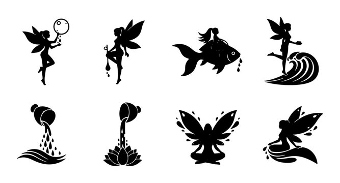 Magical Fairy Silhouettes: Enchanting Mythical Creatures, Zodiac Signs, and Nature Elements Vector Set