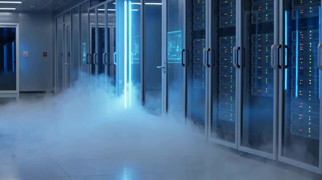 Advanced server room with cryogenic gas cooling system emitting vapor for efficient data center operation, showing powerful computing and secure cloud storage technology