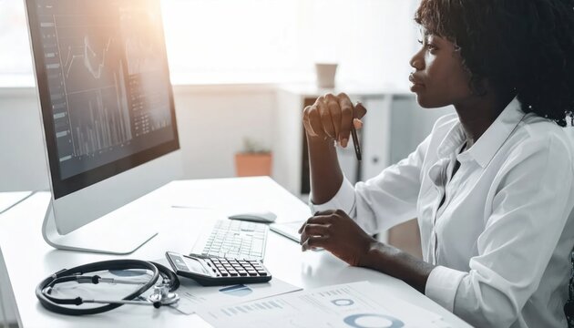 African American female doctor working on computer in medical office.