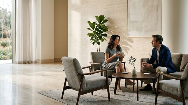 Business people having a conversation in a modern lounge area