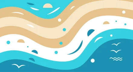 Fototapeten Türkis Abstract wavy beach landscape with sun and seagulls, flat vector illustration  © arifahayu97