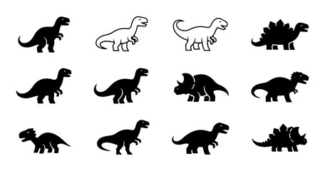 Dinosaur Icons Set, Prehistoric Creature Silhouettes, Jurassic Era Vector Graphics, T-Rex, Triceratops, Stegosaurus, Ancient Reptile Collection © Raihan