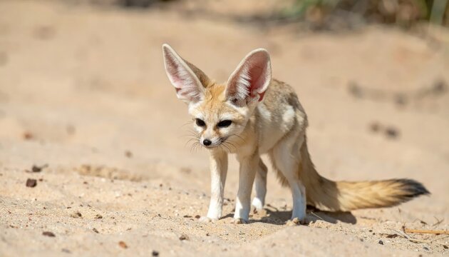 Alert fennec fox standing on desert sand under sunlight.
