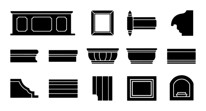 Architectural Molding Silhouettes, Decorative Trim Elements, Ornate Cornice Designs, Classic Building Borders, Vector Set