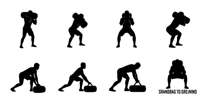 Sandbag Training Silhouettes, Fitness Exercise Icons, Strength Workout Poses, Weightlifting Action Graphics