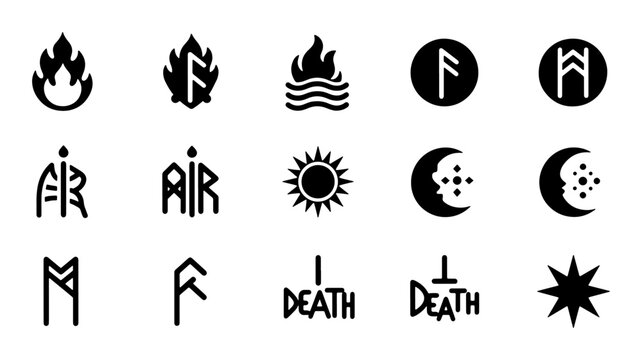 Ancient Runes and Symbols Set: Fire, Water, Air, Death, Sun, Moon, Star Icons for Mystical and Esoteric Designs