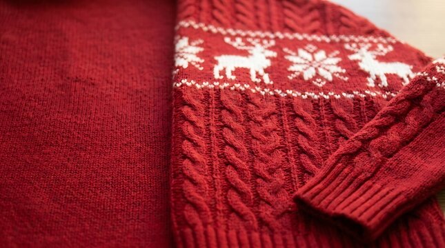 Cozy red knitted christmas sweater with reindeer and snowflake motifs