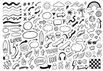 Collection of hand-drawn doodle elements including arrows, speech bubbles, hearts, stars, surfboards, skateboards, and various icons on a white background. © Hand Made Assets