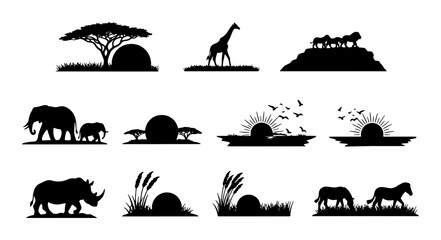 African Safari Wildlife Silhouettes, 12 Vector Elements: Majestic Animals, Savanna Landscapes, Sunset Scenes, Nature Icons for Travel and Exploration © Raihan
