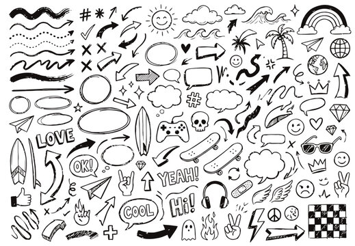 Collection of hand-drawn doodle elements including arrows, speech bubbles, hearts, stars, surfboards, skateboards, and various icons on a white background.