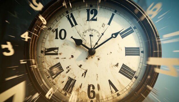 Antique clock face with motion blur and exploding numerals.