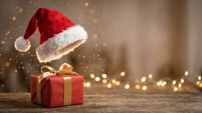Floating santa hat above a red gift box with warm bokeh lights