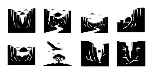 Set of 7 Minimalist Canyon Landscapes, Desert Vistas, and Wildlife Icons. Vector Graphics for Nature and Travel Themes. © Hasan