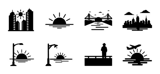 Cityscape Silhouettes, Sunrise Icons, Bridge Views, and Travel Scenes. Vector Graphics Collection for Urban and Travel Themes. © Arefin