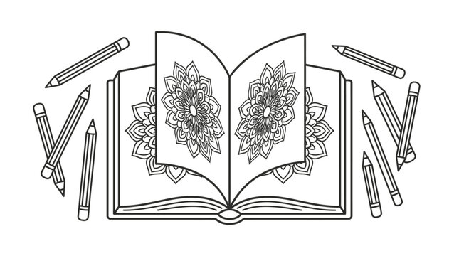 An open coloring book featuring intricate mandala designs surrounded by several graphite pencils.