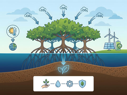 Mangrove ecosystem illustration showing CO2 absorption, climate regulation, and sustainable energy generation from renewable sources